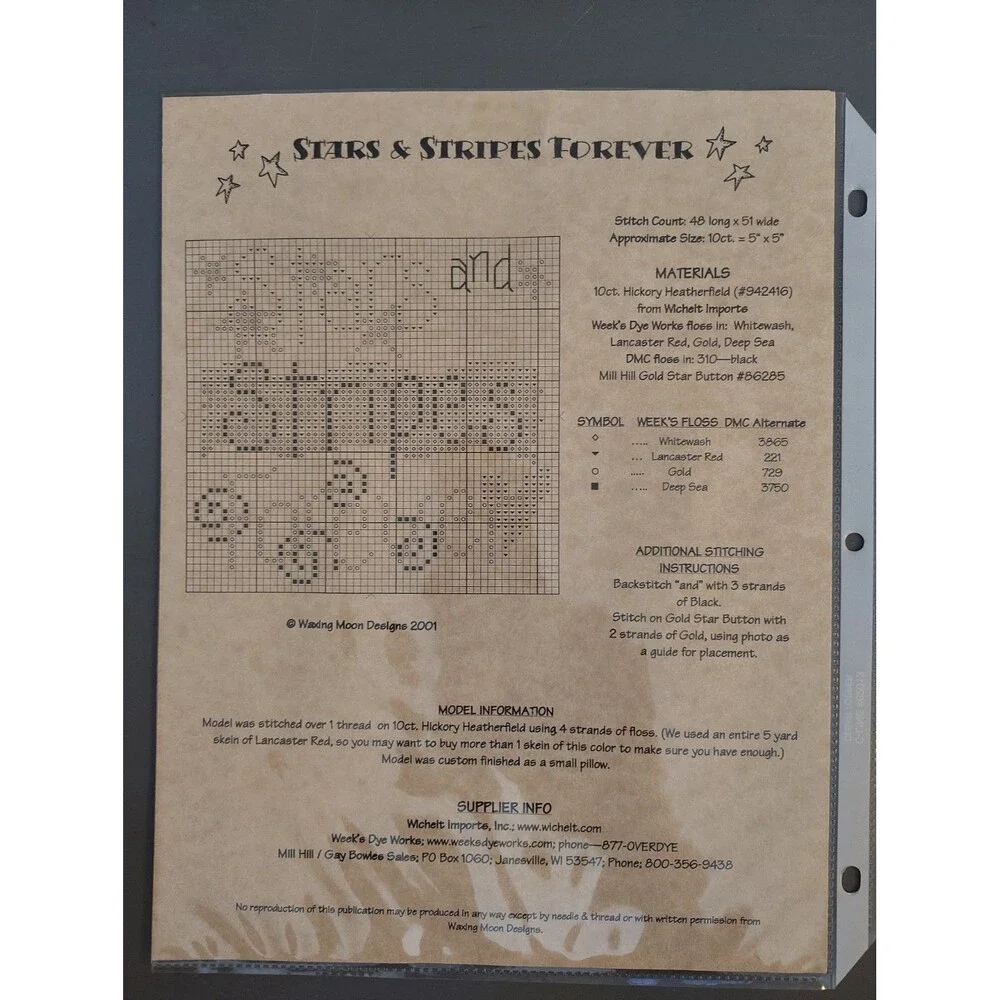 Waxing Moon Designs STARS & STRIPES FOREVER Cross Stitch Pattern Chart #SP9 2001